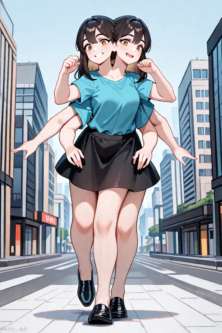 best quality, three heads, (three legs:1.4), multiple legs, six arms, conjoined, 3girls, running, shirt, skirt, city background, smile