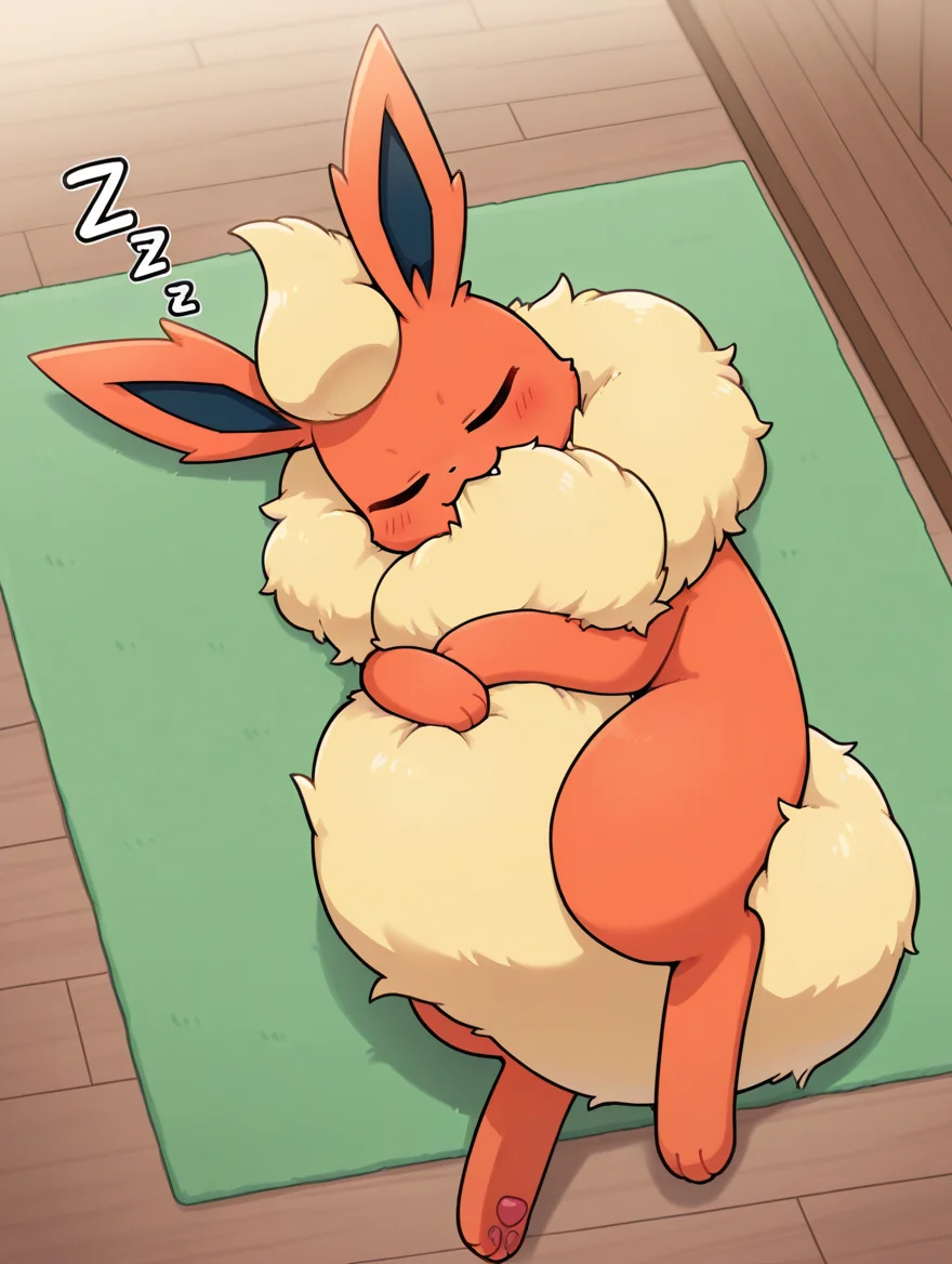 embedding:Smooth Quality,
by horang, pokemon (creature), feral, solo, full body,
Flareon, fluffy, loafing, sleeping, zzz, hugging own tail, biting tail, paws on tail,
BREAK,
masterpiece, best quality, amazing quality, absurdres,
indoors, wooden floors, green carpet,
