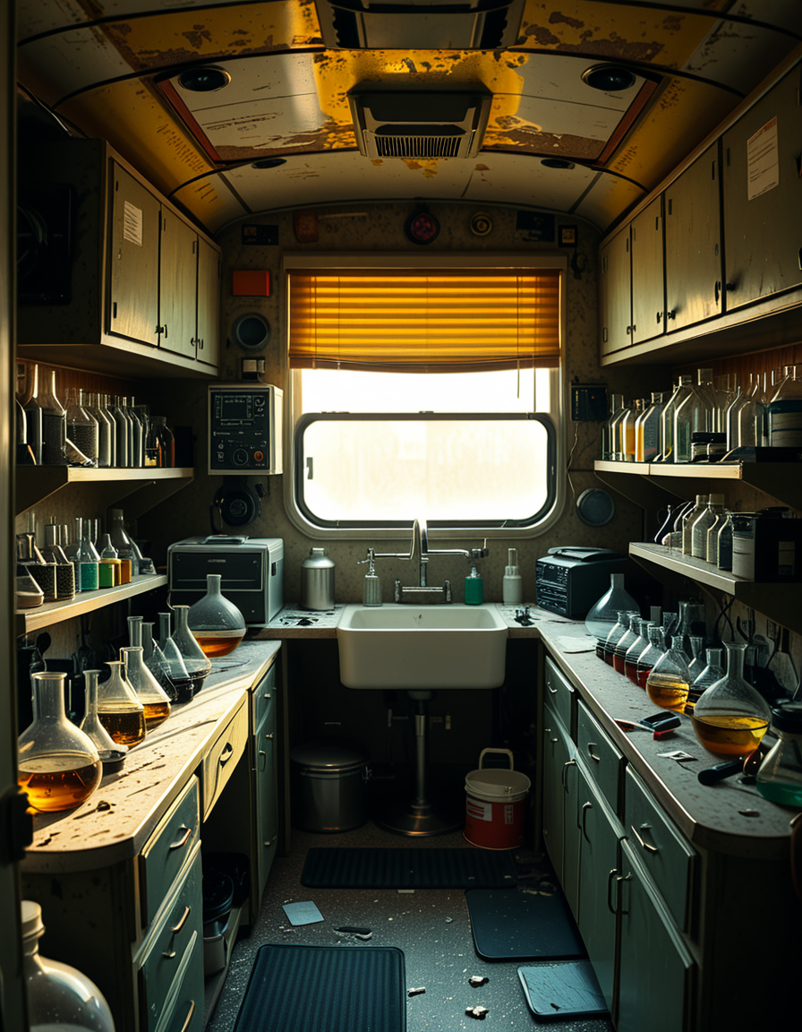 The interior of an old RV converted into a clandestine drug laboratory, inspired by the TV series Breaking Bad. The space is cramped and messy, filled with scientific equipment, glass beakers, flasks, burners, chemical containers, and lab tools scattered around. The walls are aged and stained, with peeling wallpaper and old metallic cabinets. A small sink area is cluttered with dirty lab glassware. The lighting is dim and tinted yellow, with sunlight barely filtering through dusty blinds. The floor is grimy, with a mix of rubber mats and worn carpet. The overall atmosphere is tense and gritty, capturing a sense of secrecy and danger. Hyper-realistic style, cinematic composition, rich in textures and shadows.
<lora:SDXLFaeTastic2400:0.4> <lora:extremely_detailed:0.4> extremely detailed,<lora:old_RV_drug_l4b0r4t0ry:1>,old RV drug l4b0r4t0ry, Masterpiece,best quality,hi res,8k,hi res,8k,award winning,(sharp focus, intricate, highly detailed),