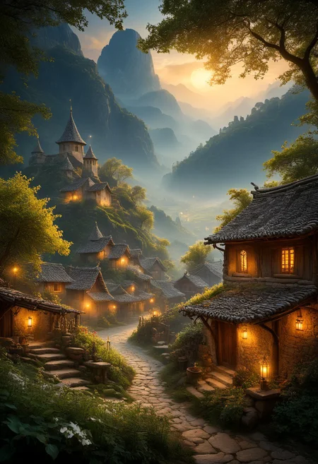 Rustic village scene immersed in an ethereal glow suggesting a heavenly realm, captured through Miki Asai Macro photography style, with a sharp focus on the intricate details, trending on ArtStation, featuring the hyper-detailed touch of Greg Rutkowski