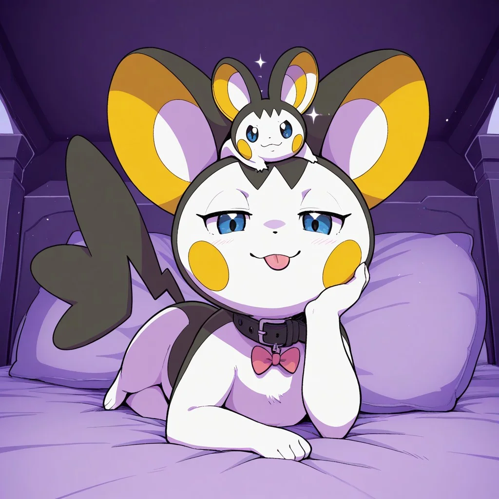 1ns0m14cOvrld,
pokemon (creature), ((feral)), 1girl, solo, furry, female feral, >:3, emolga,
bed, bow_on_head, collar, female, front_view, furniture, hand_on_cheek, looking at viewer, lying, on belly, pillow, solo, sparkles, crossing legs, flying_squirrel, mammal, rodent, sciurid, hi_res, pinup, body fur, half-closed eyes, close mouth, tongue out, blue eyes