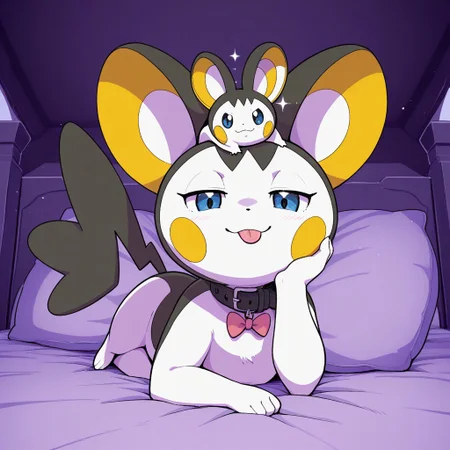 1ns0m14cOvrld,
pokemon (creature), ((feral)), 1girl, solo, furry, female feral, >:3, emolga,
bed, bow_on_head, collar, female, front_view, furniture, hand_on_cheek, looking at viewer, lying, on belly, pillow, solo, sparkles, crossing legs, flying_squirrel, mammal, rodent, sciurid, hi_res, pinup, body fur, half-closed eyes, close mouth, tongue out, blue eyes