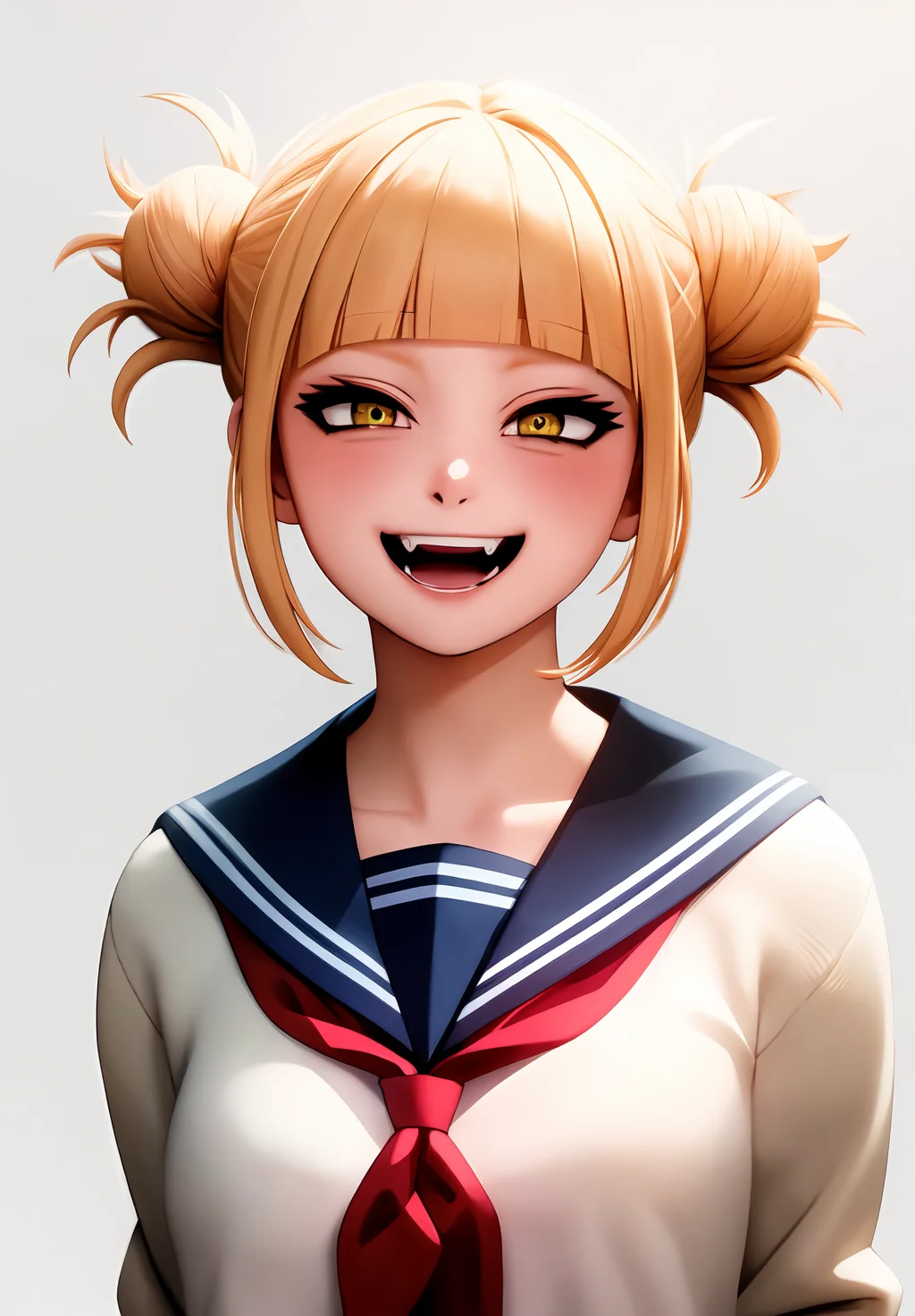 <lora:himiko_toga:0.8>, (masterpiece, best quality,perfect lighting), himiko_toga, 1girl, solo, looking at viewer, blush, smile, short hair, open mouth, simple background, long sleeves, white background, school uniform, collarbone, upper body, :d, teeth, sailor collar, neckerchief, v, fangs, cardigan, blue sailor collar, red neckerchief