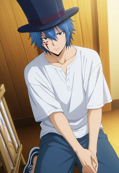 masterpiece, best quality, intricate details, anime screencap, , official style, looking at viewer, 1boy, solo, male focus, <lora:jellal_fernandes_ilxl:0.96>, jellal_fernandes, blue hair, black eyes, short hair, tattoo, facial mark, hair between eyes, , Carpenter shorts, Linen shirt, Canvas sneakers, Top hat,
