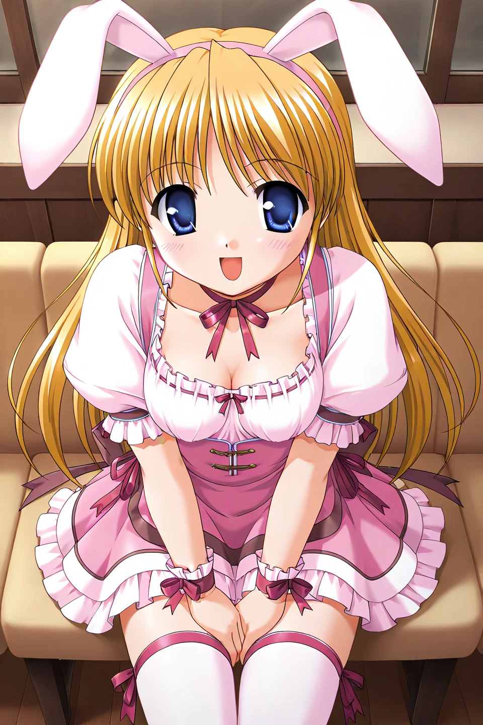masterpiece, best quality, absurdres, official art, official style, rating generael BREAK <lora:shibugakimatsuri_IL_v1-3:0.7>, shibugaki matsuri, 1girl, solo, blonde hair, blue eyes, very long hair, bangs, small breasts, hair down, alternate hairstyle,
rabbit ears, fake animal ears, pink hairband, waitress, zettai ryouiki, blush, smile, open mouth, :d, looking at viewer, ribbon choker, cleavage, very long hair, cowboy shot, pink thighhighs, pink dress, collarbone, wrist ribbon, name tag, badge, happy, pink shirt, pink bow, puffy short sleeves, frilled dress, breast ribbon, short dress, pink skirt, petticoat, frilled skirt, ribbon-trimmed shirt, pinafore dress, one thigh ribbon, brown back ribbon, all fours, bent over, sitting, indoors, cafeteria