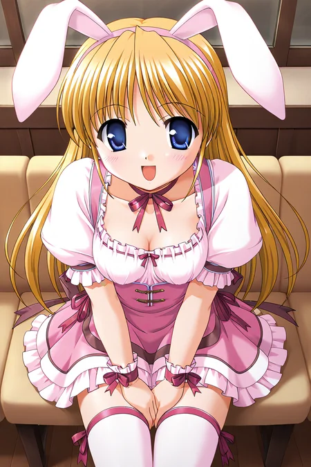 masterpiece, best quality, absurdres, official art, official style, rating generael BREAK <lora:shibugakimatsuri_IL_v1-3:0.7>, shibugaki matsuri, 1girl, solo, blonde hair, blue eyes, very long hair, bangs, small breasts, hair down, alternate hairstyle,
rabbit ears, fake animal ears, pink hairband, waitress, zettai ryouiki, blush, smile, open mouth, :d, looking at viewer, ribbon choker, cleavage, very long hair, cowboy shot, pink thighhighs, pink dress, collarbone, wrist ribbon, name tag, badge, happy, pink shirt, pink bow, puffy short sleeves, frilled dress, breast ribbon, short dress, pink skirt, petticoat, frilled skirt, ribbon-trimmed shirt, pinafore dress, one thigh ribbon, brown back ribbon, all fours, bent over, sitting, indoors, cafeteria