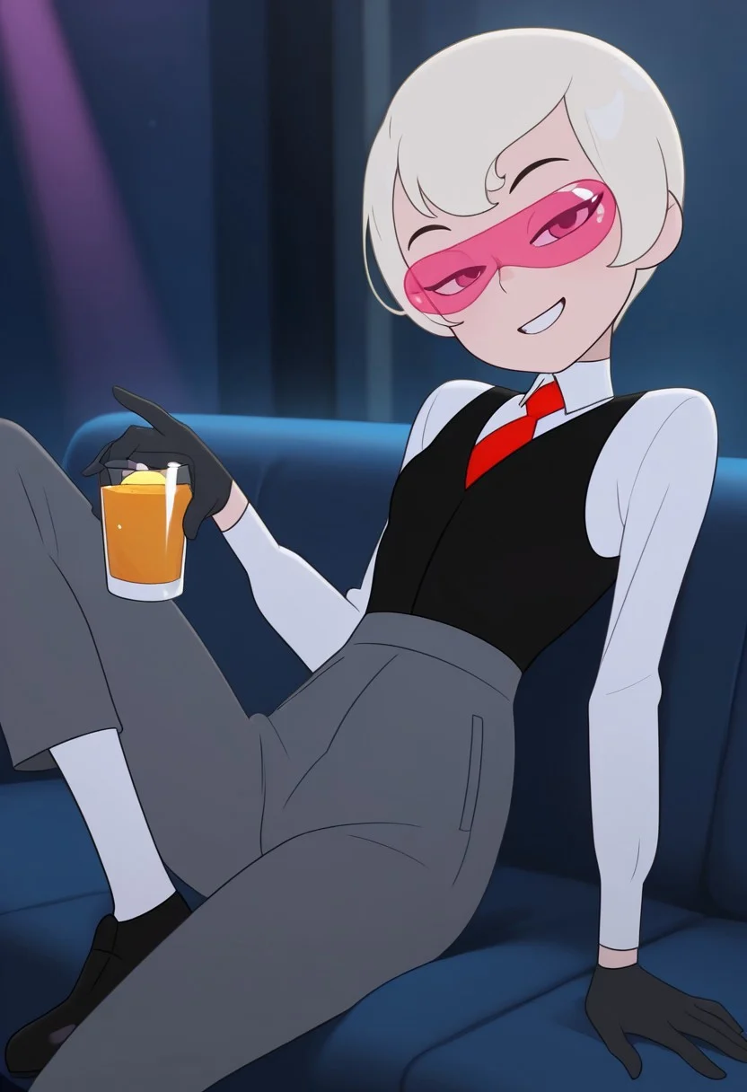 best_quality, ultra detailed, detailed anatomy, beautiful body, perfect hands, Perfect, best quality, amazing quality, very aesthetic, absurdres, score_9, score_8_up, score_7_up, score_6_up, full body view, cowboy shot, 1girl, Victoria, platinum blonde hair, short hair, wavy bob, fair skin, pink-tinted sunglasses, white shirt, black vest, red tie, high-waisted gray pants, black gloves, white socks, black shoes, small breasts in nightclub, colorful lights, sitting back on couch, holding alcoholic drink in one hand, hand raised, looking at viewer, grin, head tilt