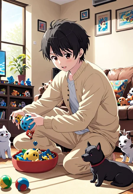 high resolution, solo, best quality, 1Boy, Inaho Kaizuka, Black hair, Brown Eyes, Playing with pets, living room, toys, happy, OverallDetail