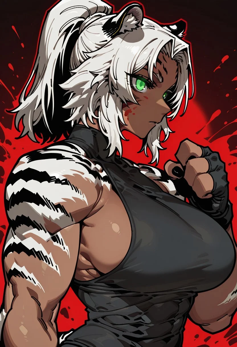 masterpiece, best quality, good quality, 1girl, white hair, ponytail, tall female, toned, tiger fur, tiger tail, tail, green eyes, facial marks, tiger ears, large breasts, dark-skinned female, muscular female,
sleeveless black shirt, side boob, upper body, low view, eyes on viewer, Blood splatter on face, bloody hands, glowing eyes, red backlight, claws, fingerless gloves,
(SSAMBAtea:0.3), (ireading:0.8)