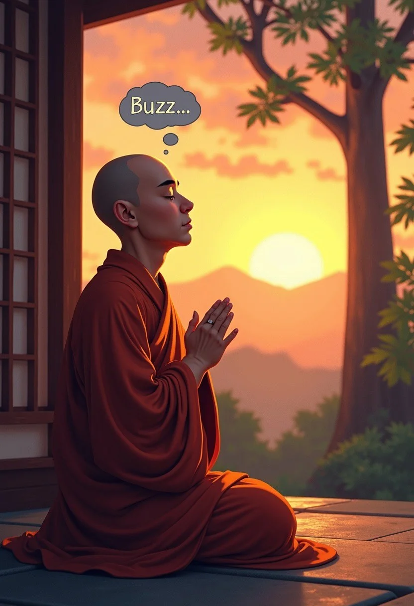 A digital painting in a realistic style at sunset. A zen Buddhist monk praying in a serene Japanese monastery. His eyes are closed but has a thought bubble above his head saying “Buzz…”.