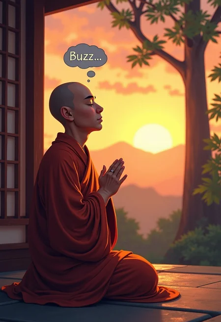 A digital painting in a realistic style at sunset. A zen Buddhist monk praying in a serene Japanese monastery. His eyes are closed but has a thought bubble above his head saying “Buzz…”.