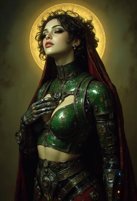 Impressionist classical-style Renaissance portrait of a stylized android woman with a surreal, ethereal presence. Framed from the waist up. Her body is humanoid in form, with green, circuit board-textured skin covered in transistors, metallic etching, and segmented plating. Beneath sections of her skin-like armor, intricate wiring and exposed microprocessors are visible, glowing faintly.
Her hands are robotic, delicate mechanical constructs. She holds both palms over her chest, covering her breasts, fingers gently curved. Her metallic arms are adorned with cybernetic augmentations and glowing implants at the joints and forearms.
She wears an ornate religious robe—aged crimson and gold brocade with a high neck, draping over her shoulders. The garment features a structured fabric bra and decorative trim, giving the impression of holy vestments.
Her face is softly lit, with a serene, contemplative expression. Eyes closed. Lips slightly parted. Heavy Renaissance-style makeup: dark lashes, flushed cheeks, and subtle shimmer. A glowing nimbus halo surrounds her head, embedded with wires, fractured circuits, and multicolored diodes.
She stands in darkness with ambient soft light wrapping her face and robe. Backdrop is aged parchment-toned, subtly textured like fresco. Shallow depth of field. Soft film grain. Highlights: 0.8. Atmospheric and sacred. Stillness in circuitry.