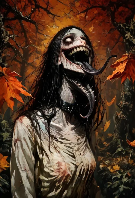 score_9, score_up_8, masterpiece, best quality, explicit, 
hasshaku-sama, mature woman, large woman, tall woman, sagging breast, enormous breast, long hair, black hair, horror (theme), collar bone, bony body, skinny, anorexic, fall season, trees, red yellow and orange leaves, falling leaves, night, garden, Expressiveh,  
 teeth, tongue, open mouth, horror, blood, stiches, scars, black tongue, very long tongue, black tears