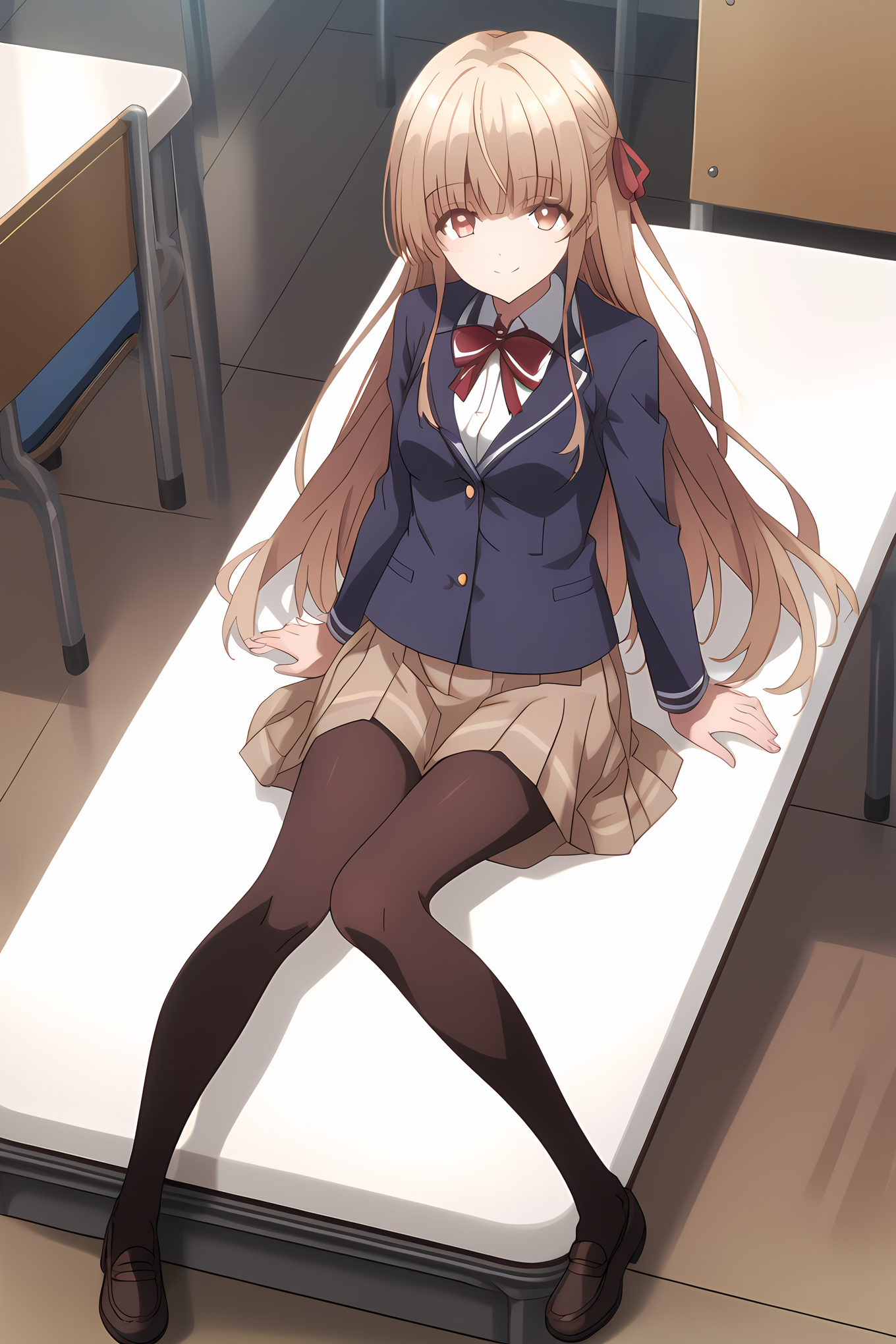 school uniform brown skirt pantyhose blue blazer red ribbon, an-mahiru, medium breasts, 1girl, solo, skinny, masterpiece, high quality, (full body|sitting|standing|lying), indoors, light smile, score_9, score_8_up, score_7_up, source_anime, anime, anime style, long hair <lora:an-mahiru-pony-V01-000004:0.90>