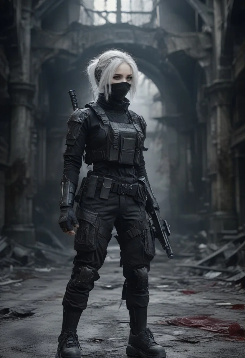 masterpiece,best quality,amazing quality, A vibrant CGI image features a cyborg with helmet, energy weapon, rich in ink and blood splatter and creating a dark, unsettling atmosphere, castle room in background, closed eyes, belt, 1girl, gun, weapon, mask, solo, white hair, gloves, assault rifle, rifle, blurry background easynegative, ng_deepnegative_v1_75t