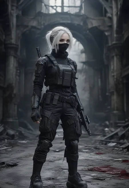 masterpiece,best quality,amazing quality, A vibrant CGI image features a cyborg with helmet, energy weapon, rich in ink and blood splatter and creating a dark, unsettling atmosphere, castle room in background, closed eyes, belt, 1girl, gun, weapon, mask, solo, white hair, gloves, assault rifle, rifle, blurry background easynegative, ng_deepnegative_v1_75t