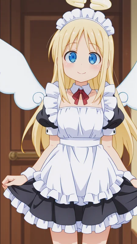 masterpiece, best quality, amazing quality, very aesthetic, absurdres, newest, anime screencap, <lora:crimvaelILM:1>, crimvael, androgynous, halo, broken halo, blonde hair, angel, long hair, blue eyes, angel wings, white wings, 1other, other focus, smile,, maid, maid apron, frills, frilled dress, black dress, maid headdress, modern house,