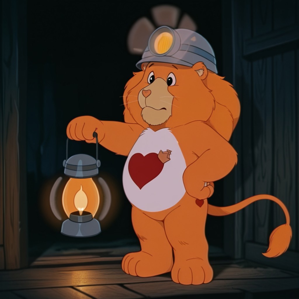 ,masterpiece, best quality, amazing quality,  BraveHrtLionil, semi-anthro, male, lion_boy, orange fur, orange mane, black eyes, Tummy Symbol, tail, tail tuft, in a dark house, mining helmet, holding lantern, full body, solo