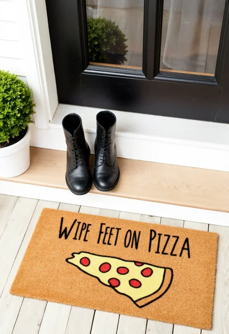 <lora:Welcome_Mat_Manufacturer_FLUX-000023:0.9>
The image is a photograph of a small outdoor entrance area, featuring a doormat with a humorous design. The doormat is rectangular and made of a textured, brown, coir material. It has a vibrant, whimsical design featuring a pizza and text "WIPE FEET ON PIZZA"