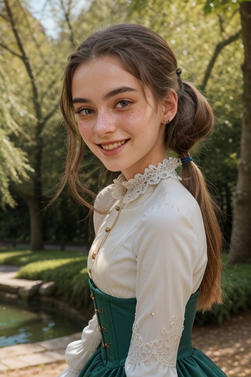an extremely delicate and beautiful 18yo German girl, young,  black hair caught in a bun, golden hairnet with pearls, lightly disheveled hair, strolling through the Englischer Garten in Munich, perky breasts, seductive smile, looking sideways at viewer, happy, pigtails, freckles, (natural detailed skin texture:1.1), (moles, abs:0.7), playful, happy, head tilted sideways, perfect white teeth, (white teeth),soft, volumetric light, extremely detailed, intricate detailed victorian long blue and green dress, white lace blouse, with underbust corset laced with golden straps, deep cleavage, subsurface scattering, pokies, covered nipples, remarkable color, ultra realistic, textured skin, remarkable detailed pupils, realistic dull skin noise, visible skin detail, skin fuzz, dry skin, bokeh, sharp focus on subject, (extremely detailed face, beautiful eyes, detailed eyes, symmetric eyes, seductive eyes, slim face:1.3),