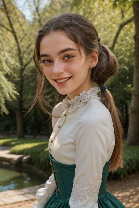 an extremely delicate and beautiful 18yo German girl, young, black hair caught in a bun, golden hairnet with pearls, lightly disheveled hair, strolling through the Englischer Garten in Munich, perky breasts, seductive smile, looking sideways at viewer, happy, pigtails, freckles, (natural detailed skin texture:1.1), (moles, abs:0.7), playful, happy, head tilted sideways, perfect white teeth, (white teeth),soft, volumetric light, extremely detailed, intricate detailed victorian long blue and green dress, white lace blouse, with underbust corset laced with golden straps, deep cleavage, subsurface scattering, pokies, covered nipples, remarkable color, ultra realistic, textured skin, remarkable detailed pupils, realistic dull skin noise, visible skin detail, skin fuzz, dry skin, bokeh, sharp focus on subject, (extremely detailed face, beautiful eyes, detailed eyes, symmetric eyes, seductive eyes, slim face:1.3),