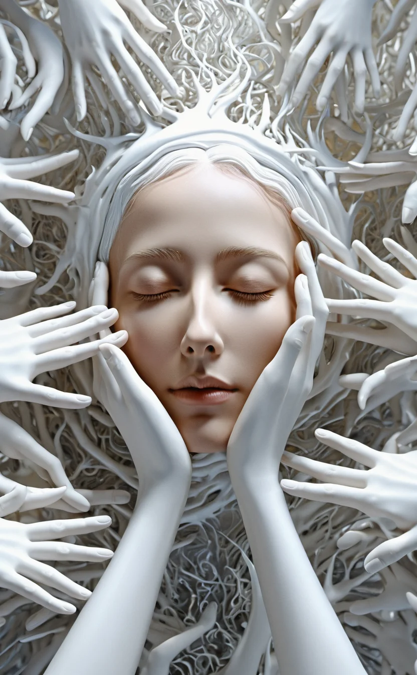 (masterpiece, best quality, high resolution), white hands emerging from a singularity, sleeping face, many hands, vortex, intricate detail, 8k, hdr