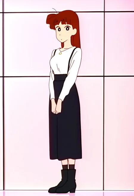 best quality, masterpiece, anime screencap, anime coloring, ultra detailed, source_anime, intricate details, perfect anatomy, looking at viewer, sakurada moeko, long hair, brown hair, black eyes, bang, blunt bangs, breasts, 1girl, solo, long sleeves, black footwear, skirt, long skirt, standing, socks, shoes, black socks, shirt, white shirt, full body, boots, dress, black skirt, white shirt, black skirt, suspenders, suspender skirt, high-waist skirt