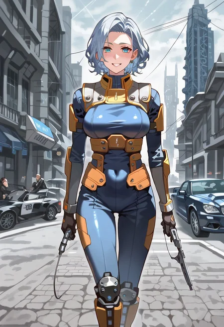score_9,score_8_up,score_7_up,source_anime, 1girl, (((master piece:1.2))),(((best quality:1.2))),(((ultra detailed))),(((1girl))),(((intricate))),(((anime screencap))),(((very aesthetic:1.2))),((( Cite 17 background))),(((absudres:1.2))),(((embroidered))),(((scenery))),((extremely detailed CG)),(dynamic angle:1.4), woman in sci fi outfit standing on deserted street holding crowbar,
BREAK,
half life (series), (ami mizuno reimagined as a scientist in hev suit from half life 2),breasts, 1girl, blue_hair, blue_eyes, (dynamic pose:1.4), Cite 17 background, smile, solo, looking_at_viewer, detailled_background, blue short_hair, blush, boots, gloves, standing, cowboy_shot, hev armor style, holding a crowbar, weapon, solo focus, holding, outdoors, covered navel, hev suit bodysuit
BREAK;
(intricate details:1.12), (intricate details, hyperdetailed:1.15), hdr, dystopian sci-fi city, (at day:1.2), cinematic, half life aesthetic, science aesthetic, ominous background, bimbo atmosphere, lustful atmosphere, gray and pastel theme, city background, ground vehicle, motor vehicle, car, building, electric cable, camera,