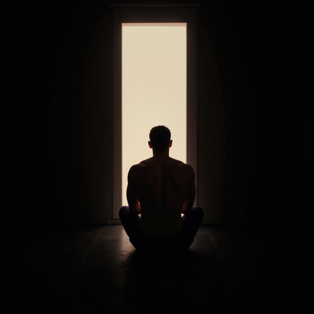 <lora:Chiaroscuro Lighting Style v1:1>
Chiaroscuro Lighting Style of a man standing in a doorway with a light coming through it, sharp, detailed, perfect, perfection, realism, cinematic exposure, cinematic color, cinematic contrast, dramatic style, cinematic style, dramatic shadow, partially covered in shadow, Chiaroscuro Lighting Style, solo, short hair, 1boy, sitting, male focus, indoors, from behind, muscular, muscular male, dark, silhouette, pants, own hands together, bara, topless male, mature male, own hands clasped, praying