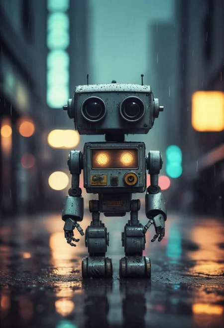 Small robot, rectangular body, flexible arms, treaded wheels, compact head, expressive binocular-like eyes, sad and curious appearance, heartbreaking, cute, heavy rain, very sad, lonely, lost place, cyberpunk, desaturated, vibrant colors, dramatic lighting, desaturated background, bokeh, dark theme, soothing tones, depth of field, dramatic backlighting, film grain,
