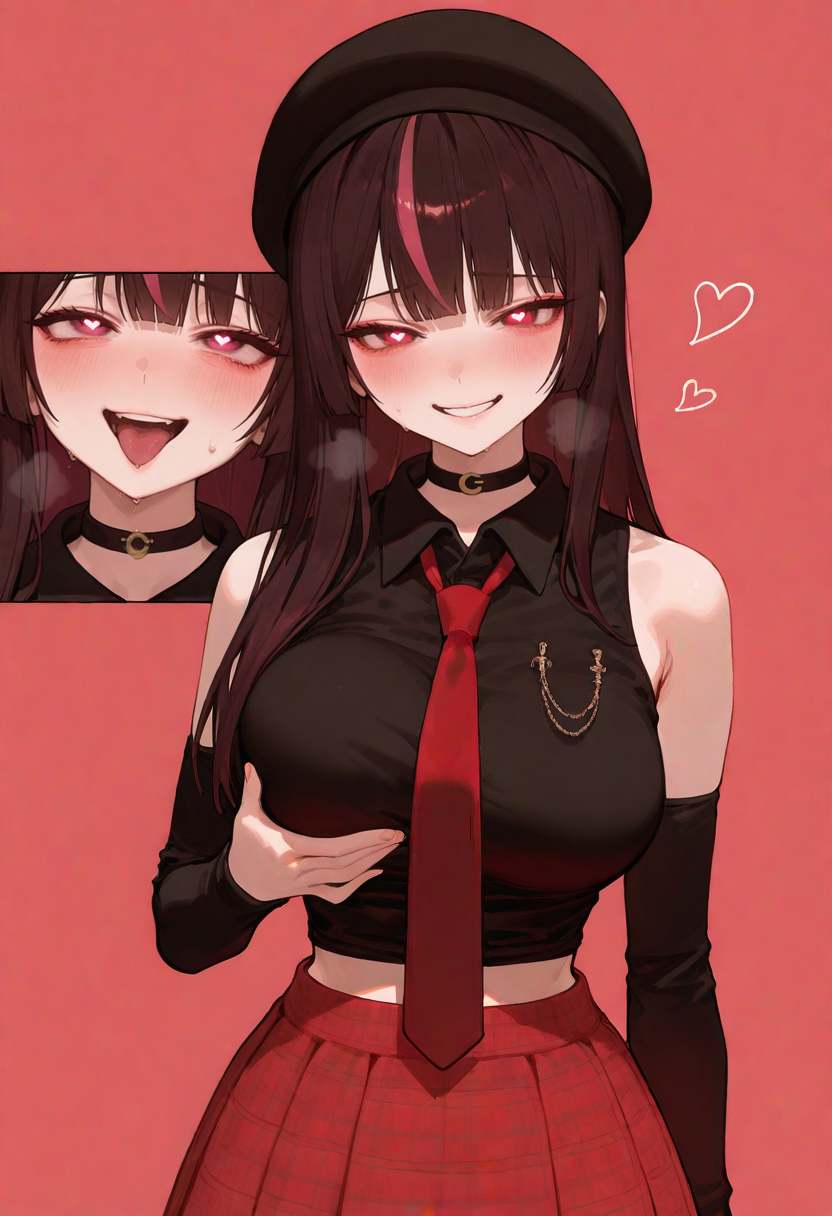 large breasts, detailed body, detailed eyes, cowboy shot, (narrow waist, slender:1.2), 
1girl, mature female, korean, korean idol, (mature eyes:1.2), bouncing breasts, breath, 
(pale skin:1.1), (blush:1.2), seductive smile, looking at viewer, (ahegao, rolling eyes:1.2), heart-shaped pupils, 
simple background, pink background, grabbing own breast, (upper body, close-up:1.2), 
complexion, healthy glow, long waist, long legs, 
masterpiece, best quality, good quality, newest, very aesthetic, absurdres,
<lora:Himeruru:0.7> himeruru, long hair, pink streaked hair, brown hair, thighhighs, sleeveless, choker, detached sleeves, hat, (plaid skirt:1.2), black thighhighs, red skirt, black headwear, skirt, necktie, sleeveless shirt, black shirt,