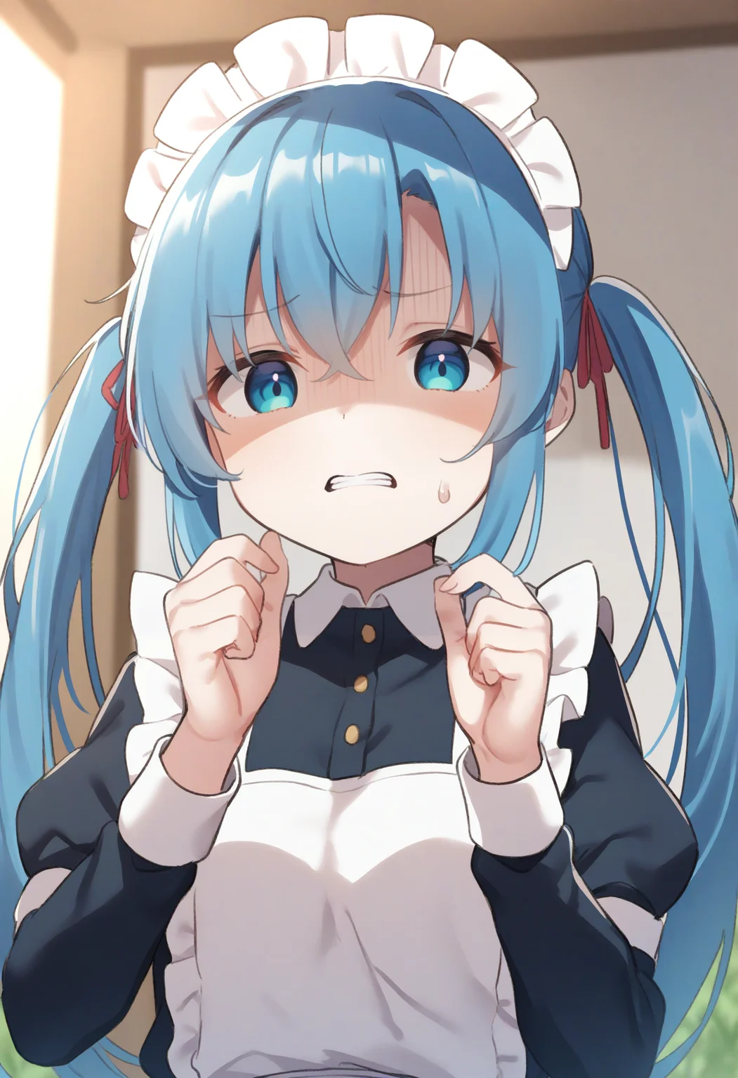 1girl,sincos, ningen mame, toosaka asagi,solo,medium breasts,20yo,maid,maid headdress,
donbiki,<lora:donbiki_XL_v1:0.7>
sweatdrop, looking at viewer, shaded face, turn pale, jitome, disgust, gloom (expression), d:, frown, empty eyes, no pupils, clenched teeth, hands up,
dutch angle, portrait, blue hair, silver eyes, meadow, split ponytail hair,,
best quality, very aesthetic, absurdres