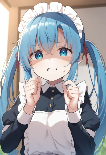 1girl,sincos, ningen mame, toosaka asagi,solo,medium breasts,20yo,maid,maid headdress,
donbiki,<lora:donbiki_XL_v1:0.7>
sweatdrop, looking at viewer, shaded face, turn pale, jitome, disgust, gloom (expression), d:, frown, empty eyes, no pupils, clenched teeth, hands up,
dutch angle, portrait, blue hair, silver eyes, meadow, split ponytail hair,,
best quality, very aesthetic, absurdres