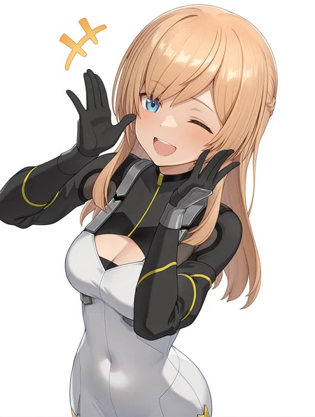 masterpiece,best quality,newest,
1girl,solo,
<lora:merabuchi_kanami_v1.5:1>,kanami,long hair,blonde hair,blue eyes,
granshlem_k,black gloves,white clothing cutout,
<lora:Fixhands_anime_bdsqlsz_V1:1>,laughing,one eye closed,waving,happy aura,white_background,simple_background,face_focus,cowboy_shot,