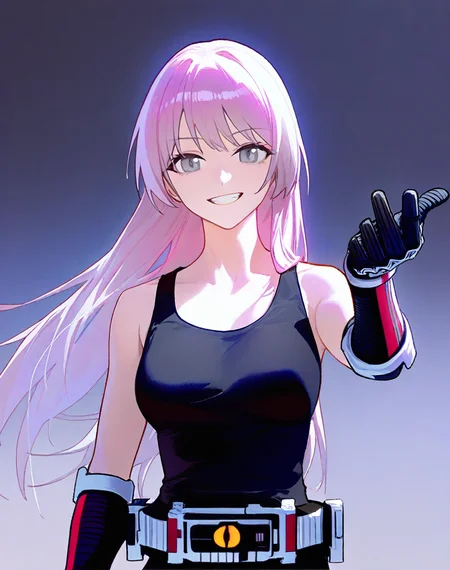 newest, very aesthetic, 1girl, solo, chihaya anon, grey eyes, upper body, grin, looking at viewer, tank top, faiz belt, faiz gauntlets, beckoning, aged up, artist:tianliang duohe fangdongye, (artist:modare:1.1), artist:ask \(askzy\), <lora:faiz-ilu01:0.85>, <lora:mygo_aio_xl_rev2:0.7>