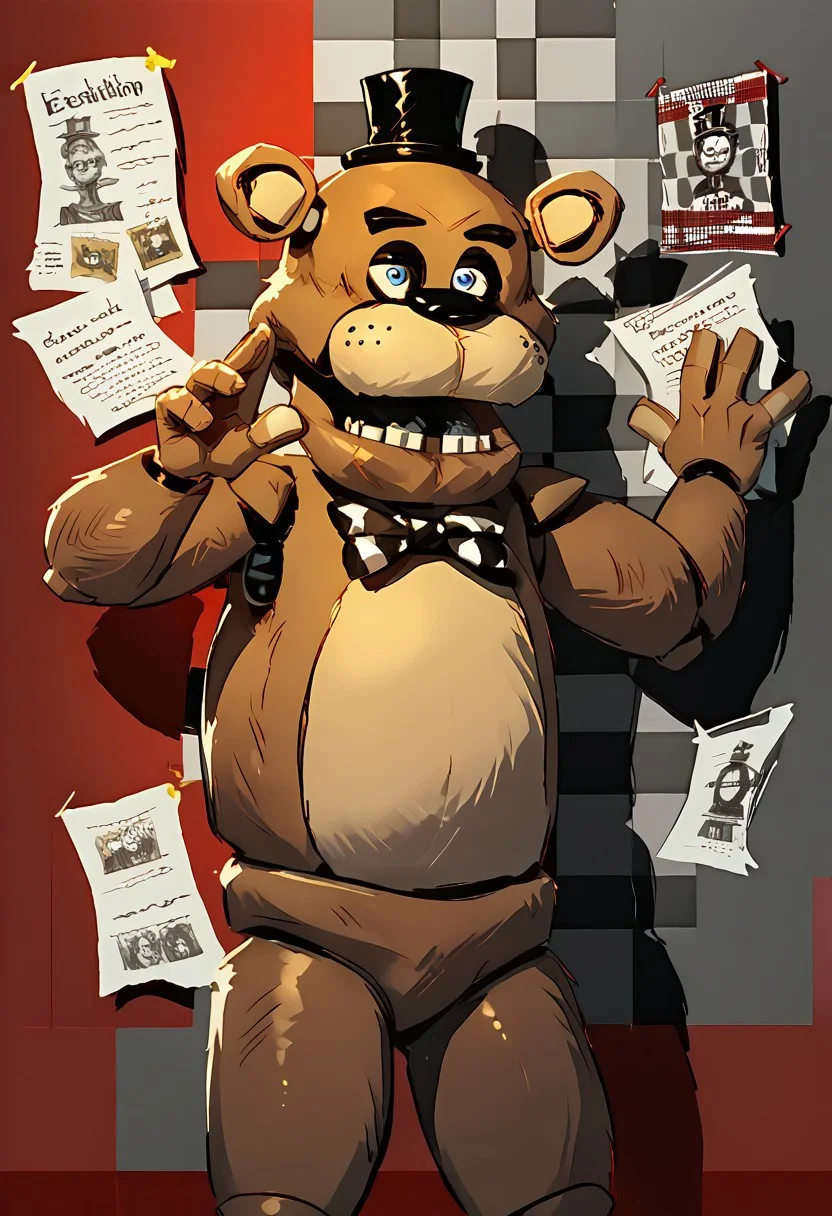 score_9, score_8_up, score_7_up, masterpiece, best quality, PepeSilviaMeme, paper, hand against wall, freddy, dark resturant background, red walls, checkered stripe on wall, gray wall