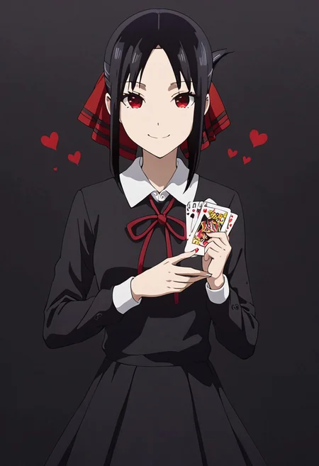 kaguya, bangs, black hair, red eyes, sidelocks, shinomiya kaguya, folded ponytail, parted bangs, hair ribbon, ribbon, red ribbon, dress, black dress, school uniform, shuuchiin academy school uniform, best quality, masterpiece, original, extremely detailed wallpaper, mystical fog, (looking at viewer), 1girl, solo, poker card, red hearts, FFCB, Anime, Simple Anime, (hearts on background, card on hand, black background, smile, red aura), dominant pose