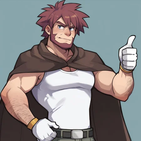 Score_7_up, score_8_up, upper body, solo male, straight-on,
BREAK,
 Byron, facial hair, cape, hand on hip, white gloves, (thumbs up), simple background,
