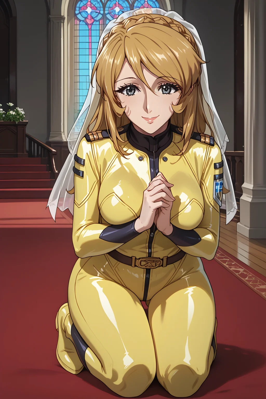 score_9, score_8_up, score_7_up, score_6_up, score_5_up, score_4_up, source_anime, BREAK, (extremely detailed CG, best quality:1.1), high quality, masterpiece, mature female, nfsw, uncensored, milf, 1girl, solo, long hair, breasts, smile, blue eyes, blonde hair, bown hair, brown eyes, medium breasts, belt, uniform, grey eyes, military, bodysuit, skin tight, yellow bodysuit, epaulettes, boots, Yuki Mori, mature female, bridal veil, crown braid, praying, habit, cathedral, red carpet, romantic, full body, <lora:Yuki_Mori:1> <lora:cfg_scale_boost:0.3> <lora:Expressive_H:1>
