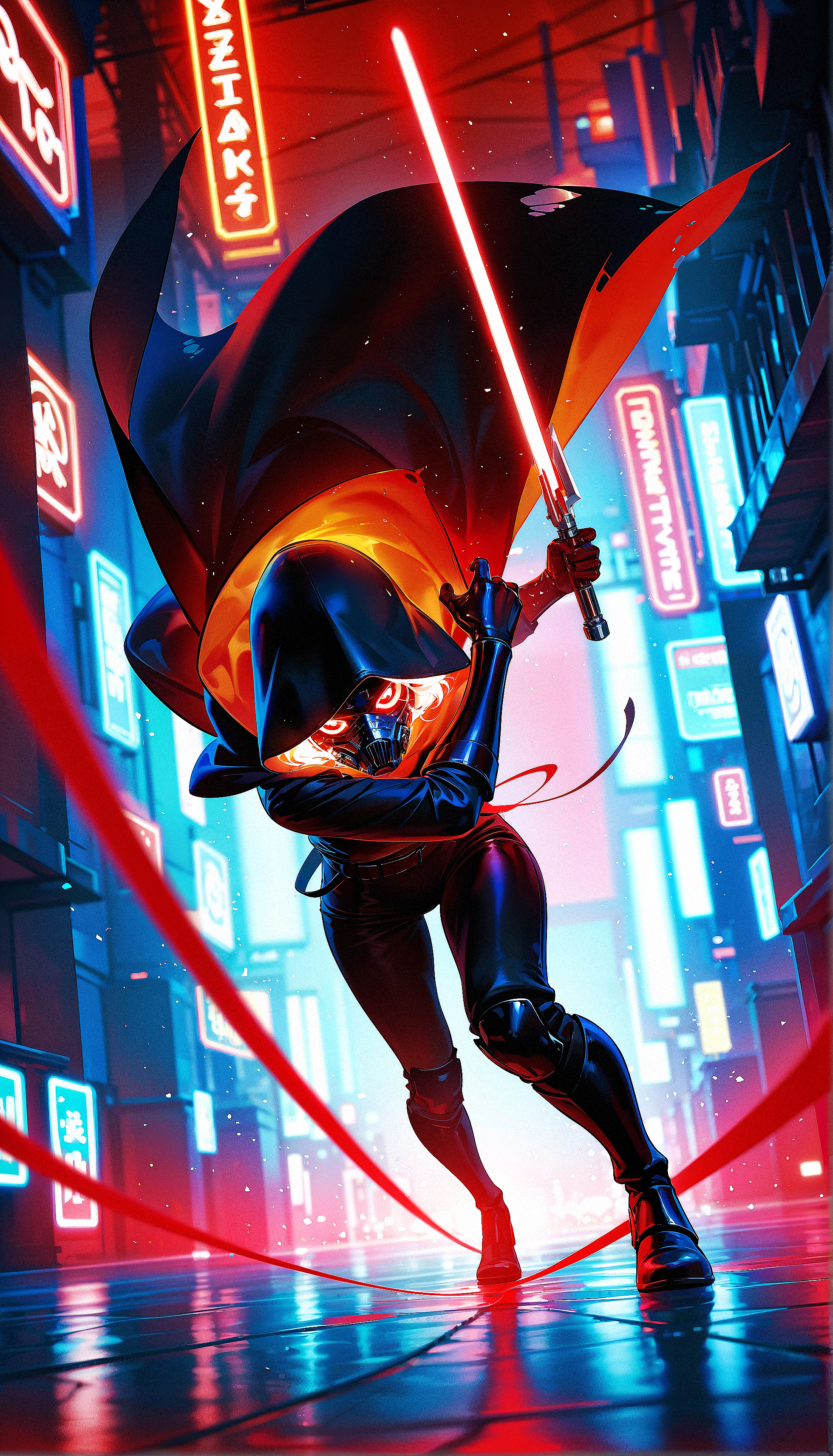 masterpiece, best quality, amazing quality, very aesthetic, absurdres,  newest, scenery,  (cinematic red lighting), Colorful, vibrant, spot color, highly detailed, sharp, high resolution, 4K, UHD, 8K, masterpiece, ultra_high_resolution, sci-fi, medieval neon lights, gloe, dramatic contrast, extraordinary, hyperrealistic, cinematic lighting, complex, immersive, intricate, 1girl, solo, sith outfit, star wars, led, hooded cloak, masked, glowing eyes, holding blade, red lightsaber, dynamic angle, stance, attacking, ultra highres, absurdres, deep glow effect, hdr, light particles, cinematic lighting, depth of field  masterpiece, best quality, amazing quality, very aesthetic, absurdres,  newest, scenery, volumetric lighting