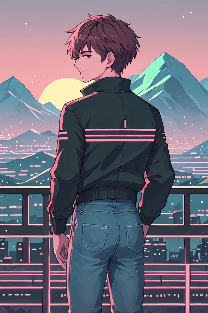 <lora:RetroWave_PonyXL:1> score_9, score_8_up, score_7_up, score_6_up, source_anime, retrowave, mountainous horizon, sunset, neon lights, cityscape, 1boy, neon trim, jacket, jeans, from behind, ass, looking at viewer, light smile, contrapposto, solo <lora:PonyMinimalStyle:1>