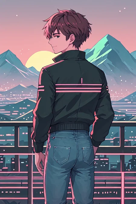 <lora:RetroWave_PonyXL:1> score_9, score_8_up, score_7_up, score_6_up, source_anime, retrowave, mountainous horizon, sunset, neon lights, cityscape, 1boy, neon trim, jacket, jeans, from behind, ass, looking at viewer, light smile, contrapposto, solo <lora:PonyMinimalStyle:1>