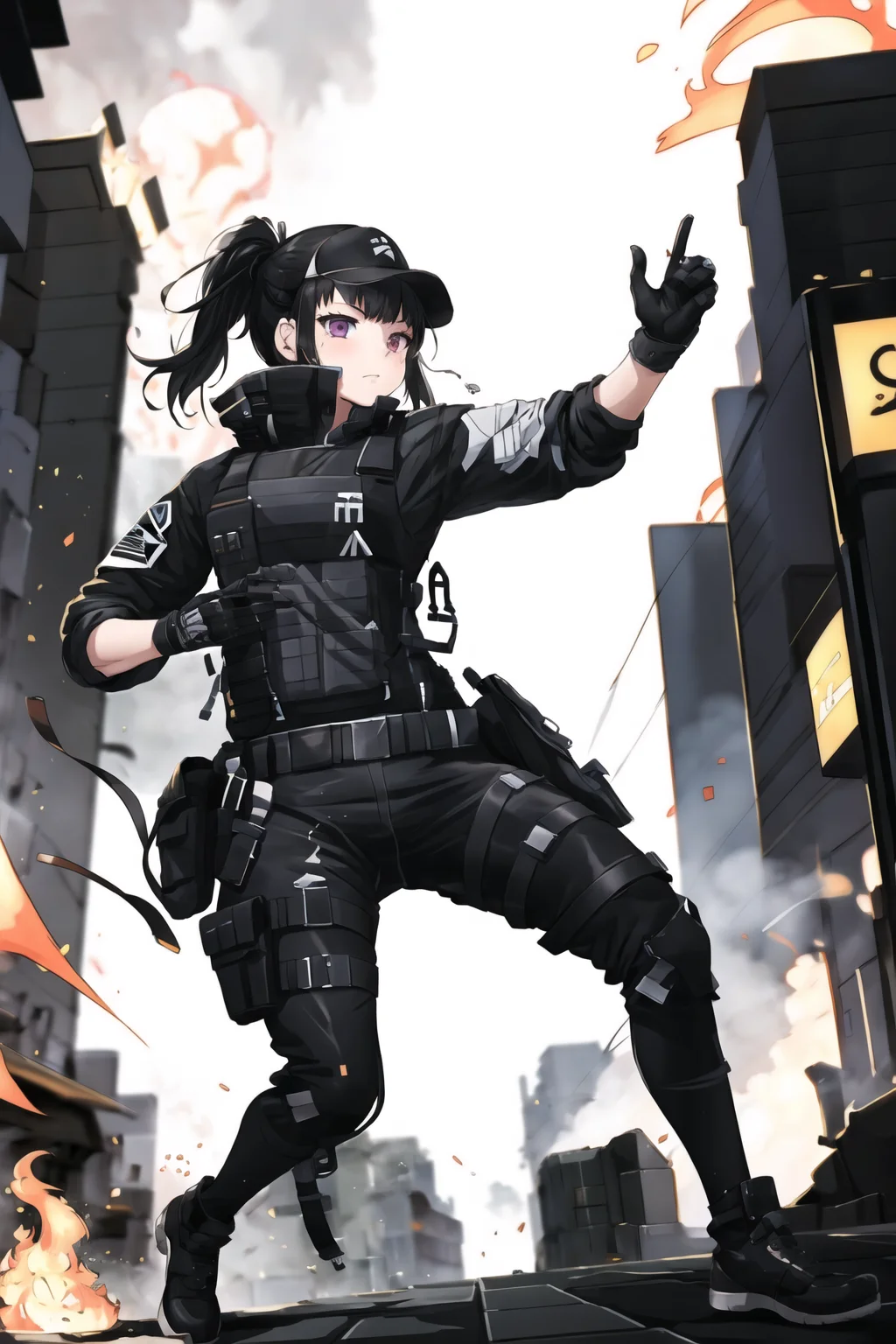<lora:MakiOze:0.7>, MakiOze, 1girl, full body, <lora:urbanSamurai_V03:0.7>, techwear jacket, black gloves, tactical vest, with buckle and tape, burning city background, <lora:FirevfxCreateMore_v2:0.5>