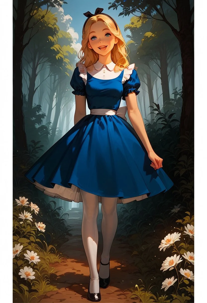 score_9, score_8_up, score_7_up, score_6_up, score_5_up, score_4_up,
AliceWaifu, 1girl, solo girl, beautifull perfect face.
blue eyes, shoulder length blonde hair,
(slim slender hourglass body figure) (slim young body figure) (medium breast)
Victorian blue dress, white pinafore, white pantyhose, apron, black hairband, black shoes.
happy, walking in a sunny forest,
(portrait picture)