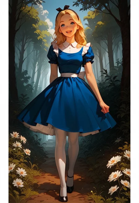 score_9, score_8_up, score_7_up, score_6_up, score_5_up, score_4_up,
AliceWaifu, 1girl, solo girl, beautifull perfect face.
blue eyes, shoulder length blonde hair,
(slim slender hourglass body figure) (slim young body figure) (medium breast)
Victorian blue dress, white pinafore, white pantyhose, apron, black hairband, black shoes.
happy, walking in a sunny forest,
(portrait picture)
