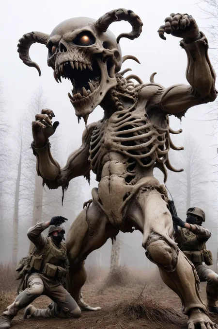 <lora:French_Army_equipments:0.8> French soldiers, fighting a <lora:zkeleton:0.8> zkeleton monster