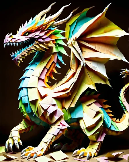 a massive colorful dragon made out of Jed-StickyN, fantasy, epic, BREAK, AND, set against crumpled brown parchment background, wide shot, side view,
<lora:StickyNotesStyle:1>, <lora:ral-toiletpaper:0.7>, <lora:add-detail-xl:0.7>