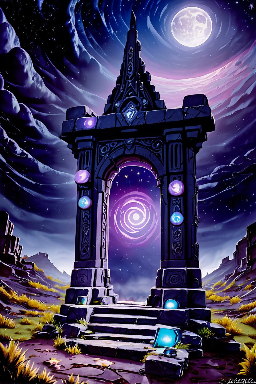 score_9, score_8_up, score_8,  ,,,  zzNetherPortal, outdoors, sky, no humans, night, traditional media, moon, grass, star (sky), night sky, scenery, full moon, starry sky, rock, space, painting (medium), ruins, no humans, traditional media, star (sky), night sky, starry sky, painting (medium), acrylic paint (medium),  ,<lora:NetherPortalPDXL_v2:1.0>,   ,,, smile, looking at viewer,  ,,, embedding:zPDXL,  <lora:SDXLFaeTastic2400:0.5>,