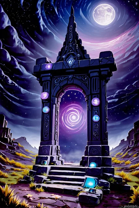 score_9, score_8_up, score_8, ,,, zzNetherPortal, outdoors, sky, no humans, night, traditional media, moon, grass, star (sky), night sky, scenery, full moon, starry sky, rock, space, painting (medium), ruins, no humans, traditional media, star (sky), night sky, starry sky, painting (medium), acrylic paint (medium), ,<lora:NetherPortalPDXL_v2:1.0>, ,,, smile, looking at viewer, ,,, embedding:zPDXL, <lora:SDXLFaeTastic2400:0.5>,