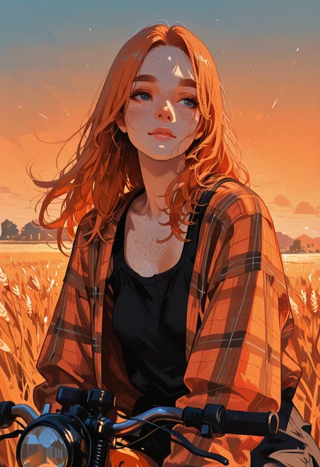 masterpiece, best quality, 32k, high resolution, absurdres, HD32k, masterpiece, high detail, extremely detailed, detailed linework, dynamic composition, (realistic), flat color, oil painting style, morbius, 
solo, woman, adult, mature, long hair, straight hair, ginger hair, thick eyebrows, (small breasts, flat chest), saggy breasts, freckles, freckles chest, grey eyes, nose, lips, natural curvy body, black tanktop, open plaid shirt, 
abstract background, detailed background, light particles, rembrandt lighting, dynamic lighting,  
(sexy pose), dramatic sky, wheat field, orange light, dirt bike, close up,